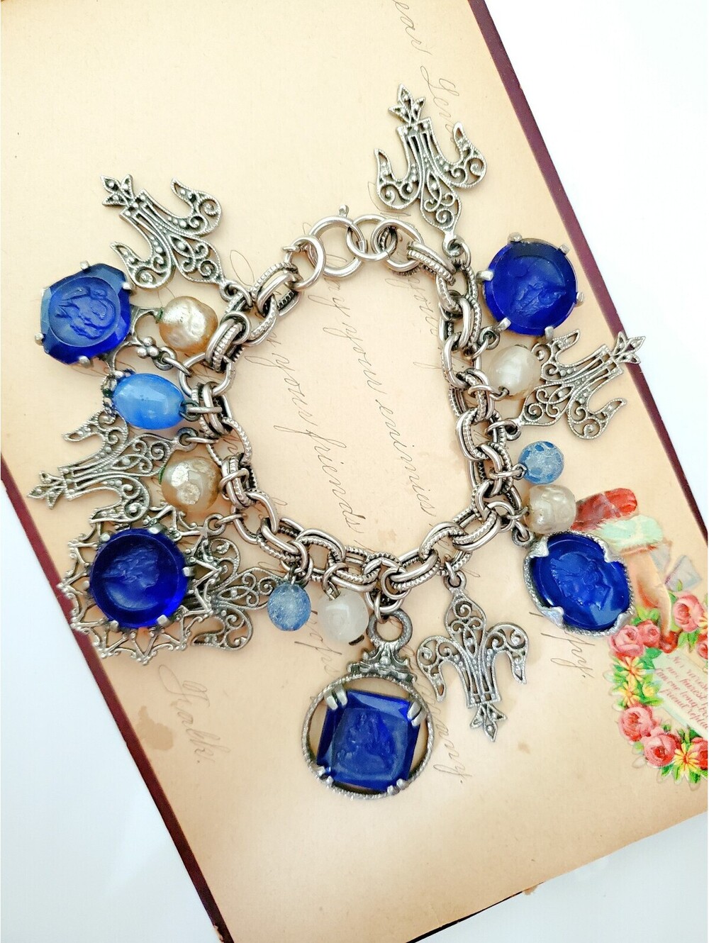 Vintage Germany Blue Glass Cameo Fleur De Lis Chunky Charm Bracelet